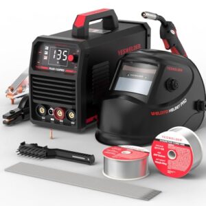 YESWELDER Fülldraht Schweißgerät MIG ohne Gas 135A, 230V FLUX/LIFT TIG/MMA 3-in-1 Fülldrahtschweißgerät mit Zubehörsatz,LED Digitalanzeige