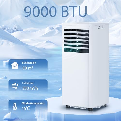 HOMCOM Mobiles Klimagerät mit Abluftschlauch 9000 BTU 1010W, 4-in-1 Mobile Klimaanlage Kühlen, Ventilieren, Entfeuchten, Schlafmodus, 24h-Timer, Fernbedienung, Fensterkit für Räume bis 30㎡ – Bild 3