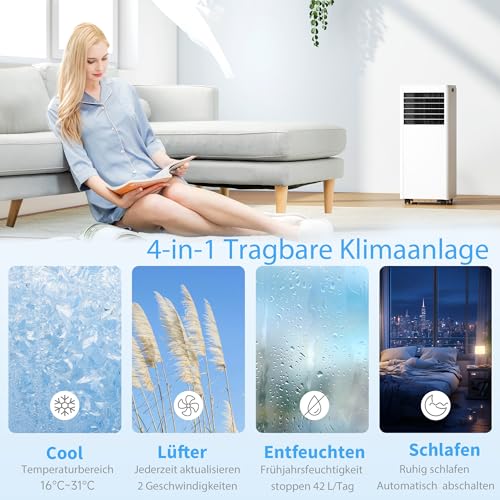 HOMCOM Mobiles Klimagerät mit Abluftschlauch 9000 BTU 1010W, 4-in-1 Mobile Klimaanlage Kühlen, Ventilieren, Entfeuchten, Schlafmodus, 24h-Timer, Fernbedienung, Fensterkit für Räume bis 30㎡ – Bild 4