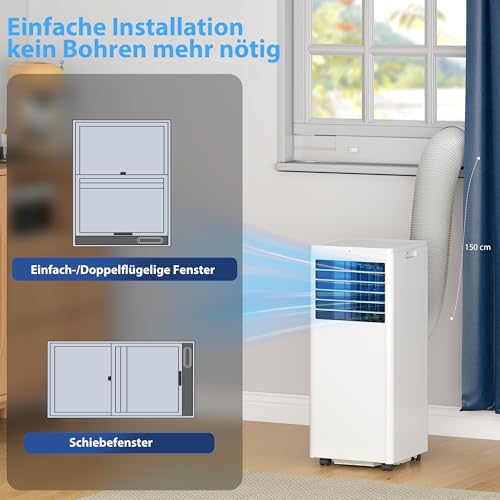 HOMCOM Mobiles Klimagerät mit Abluftschlauch 9000 BTU 1010W, 4-in-1 Mobile Klimaanlage Kühlen, Ventilieren, Entfeuchten, Schlafmodus, 24h-Timer, Fernbedienung, Fensterkit für Räume bis 30㎡ – Bild 8