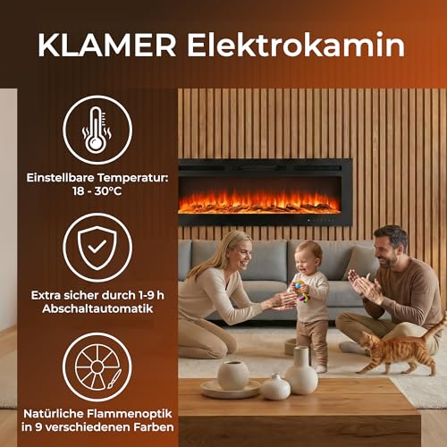 KLAMER Elektrokamin 1800W, Heizlüfter mit Thermostat 18–30°C, 9 Flammenfarben, Timer 1–8h, WiFi App & Fernbedienung, Elektroheizung bis 37m² – Bild 2