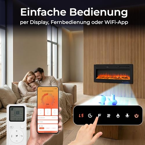 KLAMER Elektrokamin 1800W, Heizlüfter mit Thermostat 18–30°C, 9 Flammenfarben, Timer 1–8h, WiFi App & Fernbedienung, Elektroheizung bis 37m² – Bild 5