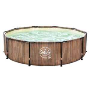 HAF® Swing Metal Frame Pool mit den Maßen 366 x 91 cm Skimmer | Natürliche braune Holz-Optik | ca. 8.300 L Wasserkapazität | Hochwertiger Swimming Pool | Gartenpool/Aufstellpool ohne Filterpumpe