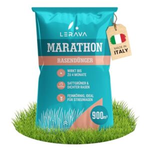 LERAVA® Rasenlangzeitdünger Marathon (900 m²) – Frühjahrsdünger Rasen mit Langzeitwirkung – NPK-Dünger für dichten, vitalen Rasen – Kontrollierte Nährstoffabgabe bis zu 3 Monate