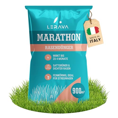 LERAVA® Rasenlangzeitdünger Marathon (900 m²) – Frühjahrsdünger Rasen mit Langzeitwirkung – NPK-Dünger für dichten, vitalen Rasen – Kontrollierte Nährstoffabgabe bis zu 3 Monate