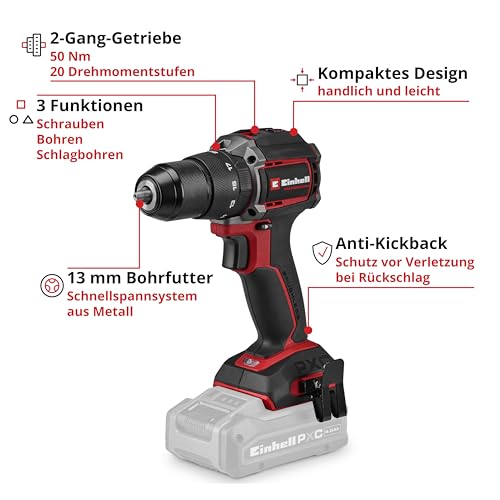 Einhell Professional Akku-Schlagbohrschrauber TP-CD 18/50-C Li-i BL - Solo Power X-Change (18 V, Brushless, 50 Nm, Anti-Kickback, 13 mm Bohrfutter, 2-Gang, ohne Akku) – Bild 3