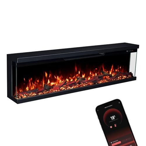 GLOW FIRE Elektrokamin Insert 127 mit realistischem 3D LED-Feuer - Wand-Elektrokamin mit Heizung und Kaminfeuer, App Steuerung, Knistereffekt & Timer, max. 1800 W, 127x35x19cm