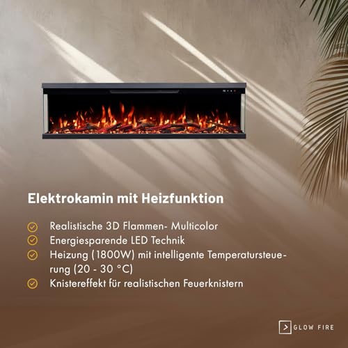 GLOW FIRE Elektrokamin Insert 127 mit realistischem 3D LED-Feuer - Wand-Elektrokamin mit Heizung und Kaminfeuer, App Steuerung, Knistereffekt & Timer, max. 1800 W, 127x35x19cm – Bild 3