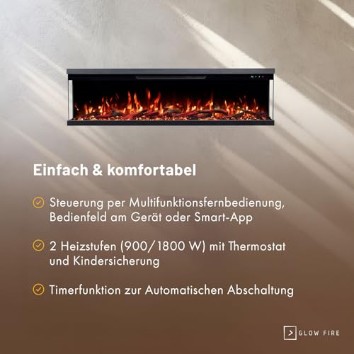 GLOW FIRE Elektrokamin Insert 127 mit realistischem 3D LED-Feuer - Wand-Elektrokamin mit Heizung und Kaminfeuer, App Steuerung, Knistereffekt & Timer, max. 1800 W, 127x35x19cm – Bild 4