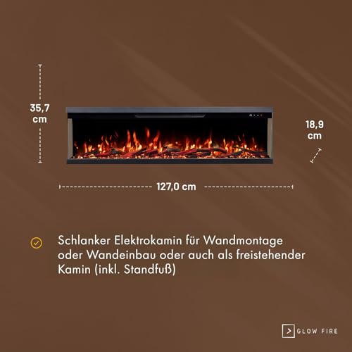 GLOW FIRE Elektrokamin Insert 127 mit realistischem 3D LED-Feuer - Wand-Elektrokamin mit Heizung und Kaminfeuer, App Steuerung, Knistereffekt & Timer, max. 1800 W, 127x35x19cm – Bild 5