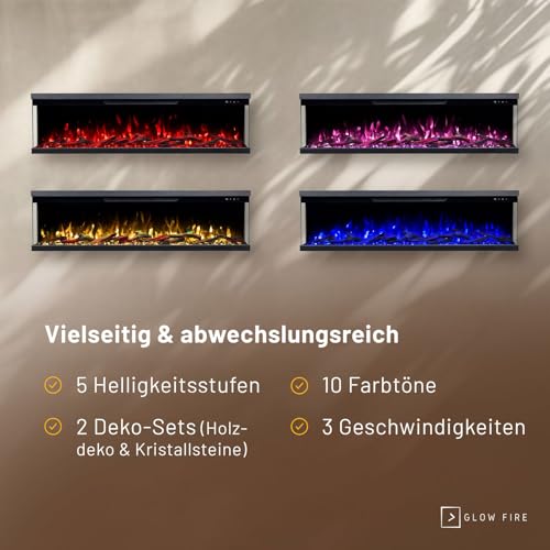 GLOW FIRE Elektrokamin Insert 127 mit realistischem 3D LED-Feuer - Wand-Elektrokamin mit Heizung und Kaminfeuer, App Steuerung, Knistereffekt & Timer, max. 1800 W, 127x35x19cm – Bild 6