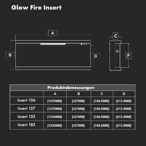 GLOW FIRE Elektrokamin Insert 127 mit realistischem 3D LED-Feuer - Wand-Elektrokamin mit Heizung und Kaminfeuer, App Steuerung, Knistereffekt & Timer, max. 1800 W, 127x35x19cm – Bild 8
