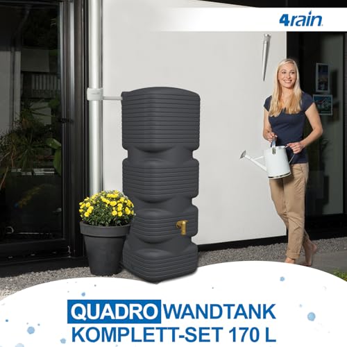4rain Quadro Regentonne Wandtank Komplett-Set 170 Liter Graphite Grey inkl. Kunststoff-Auslaufhahn und Fallrohranschluss - für Balkon und Garten - für schmale Standorte - Schlichtes Design am Haus – Bild 2