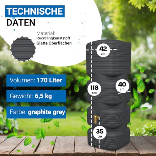 4rain Quadro Regentonne Wandtank Komplett-Set 170 Liter Graphite Grey inkl. Kunststoff-Auslaufhahn und Fallrohranschluss - für Balkon und Garten - für schmale Standorte - Schlichtes Design am Haus – Bild 3