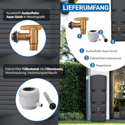 4rain Quadro Regentonne Wandtank Komplett-Set 170 Liter Graphite Grey inkl. Kunststoff-Auslaufhahn und Fallrohranschluss - für Balkon und Garten - für schmale Standorte - Schlichtes Design am Haus – Bild 4