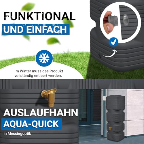 4rain Quadro Regentonne Wandtank Komplett-Set 170 Liter Graphite Grey inkl. Kunststoff-Auslaufhahn und Fallrohranschluss - für Balkon und Garten - für schmale Standorte - Schlichtes Design am Haus – Bild 5