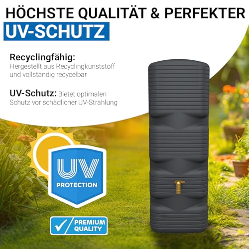 4rain Quadro Regentonne Wandtank Komplett-Set 170 Liter Graphite Grey inkl. Kunststoff-Auslaufhahn und Fallrohranschluss - für Balkon und Garten - für schmale Standorte - Schlichtes Design am Haus – Bild 6