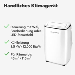 Alternative view of TROTEC mobile Klimaanlage PAC 3501 S WiFi – 3-in-1 Kühlung, Ventilation, Entfeuchtung – 3,5 kW, 12.000 BTU/h, 3 Ventilationsstufen, Fernbedienung, Timer, Nachmodus