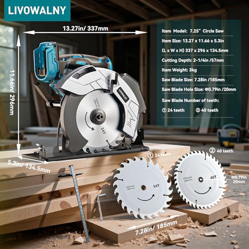 LIVOWALNY Handkreissäge Kompatibel Mit Makita Akku 18v, 66mm Akku-Kreissäge mit Ø165 x Ø20 mm Sägeblatt, werkzeuglose Einstellung bei Schnitttiefe Neigungswinkel (Nur Werkzeug) – Bild 8