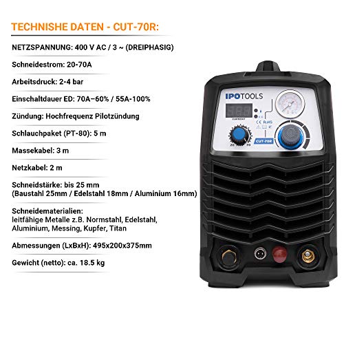 IPOTOOLS CUT-70R Pilot Plasmaschneider mit Pilotzündung - Plasmaschneidgerät 70A bis 25 mm Schneidleistung Inverter Schweißgerät Plasma Cutter IGBT/HF Zündung Pilotbogen / 400V / 7 Jahre Garantie – Bild 4