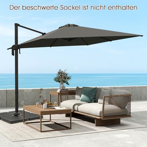 COSTWAY Sonnenschirm 300 x 300 cm, Ampelschirm mit Kurbel, Gartenschirm neigbar, 360° drehbar, großer Terrassenschirm, quadratischer Marktschirm für Garten, Terrasse, Anthrazit – Bild 3