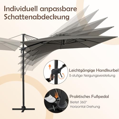 COSTWAY Sonnenschirm 300 x 300 cm, Ampelschirm mit Kurbel, Gartenschirm neigbar, 360° drehbar, großer Terrassenschirm, quadratischer Marktschirm für Garten, Terrasse, Anthrazit – Bild 4
