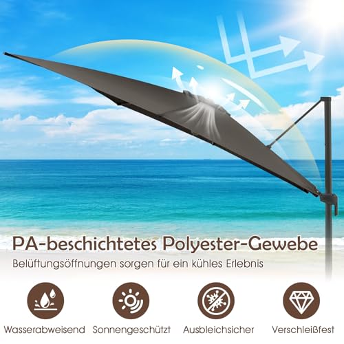 COSTWAY Sonnenschirm 300 x 300 cm, Ampelschirm mit Kurbel, Gartenschirm neigbar, 360° drehbar, großer Terrassenschirm, quadratischer Marktschirm für Garten, Terrasse, Anthrazit – Bild 5