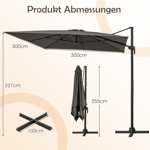 COSTWAY Sonnenschirm 300 x 300 cm, Ampelschirm mit Kurbel, Gartenschirm neigbar, 360° drehbar, großer Terrassenschirm, quadratischer Marktschirm für Garten, Terrasse, Anthrazit – Bild 6
