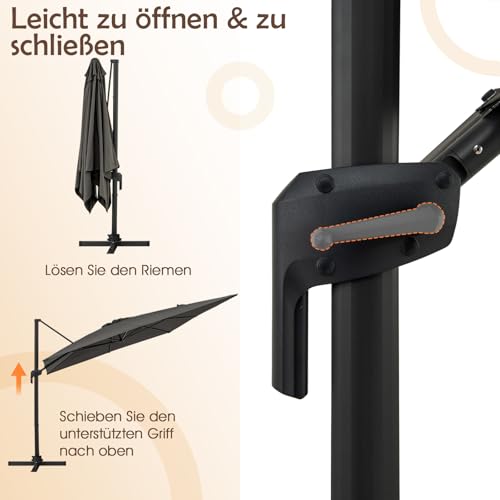 COSTWAY Sonnenschirm 300 x 300 cm, Ampelschirm mit Kurbel, Gartenschirm neigbar, 360° drehbar, großer Terrassenschirm, quadratischer Marktschirm für Garten, Terrasse, Anthrazit – Bild 7