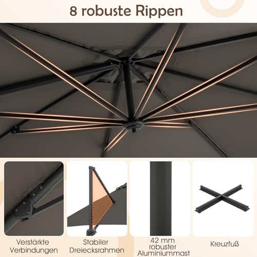 COSTWAY Sonnenschirm 300 x 300 cm, Ampelschirm mit Kurbel, Gartenschirm neigbar, 360° drehbar, großer Terrassenschirm, quadratischer Marktschirm für Garten, Terrasse, Anthrazit – Bild 8