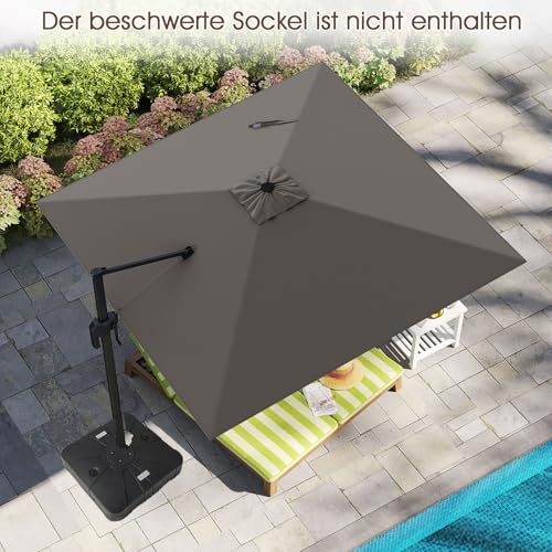 COSTWAY Sonnenschirm 300 x 300 cm, Ampelschirm mit Kurbel, Gartenschirm neigbar, 360° drehbar, großer Terrassenschirm, quadratischer Marktschirm für Garten, Terrasse, Anthrazit – Bild 9