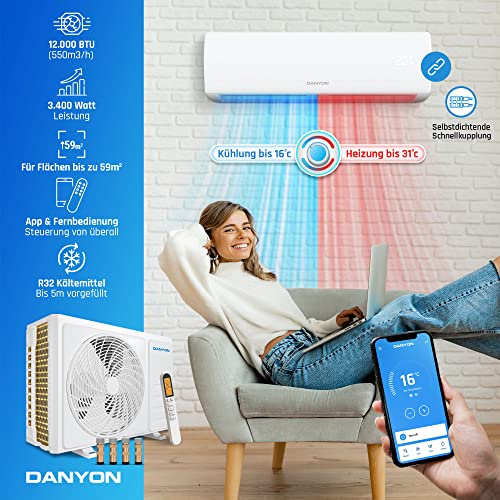 Danyon Split Klimaanlage Quick Connect - 12000 BTU (3,4 kW) - Inverter Klimagerät mit Heizfunktion, WiFi und App - bis 55qm - sehr leise - 5m Kupferleitung, Kältemittel R32, Montageset – Bild 2