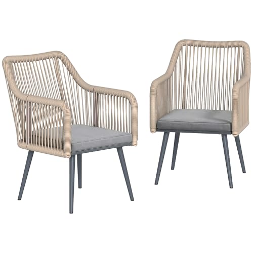Outsunny Gartenstuhl 2er Set wetterfest Gartenstühle mit Armlehne Sitzkissen Metallrahmen Terrassenstuhl bis 120 kg belastbar Gartenmöbel für Hinterhof Garten Balkon Hellgrau