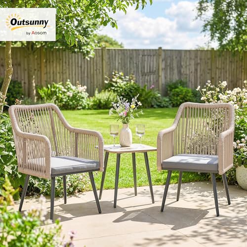 Outsunny Gartenstuhl 2er Set wetterfest Gartenstühle mit Armlehne Sitzkissen Metallrahmen Terrassenstuhl bis 120 kg belastbar Gartenmöbel für Hinterhof Garten Balkon Hellgrau – Bild 2