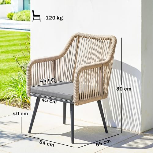 Outsunny Gartenstuhl 2er Set wetterfest Gartenstühle mit Armlehne Sitzkissen Metallrahmen Terrassenstuhl bis 120 kg belastbar Gartenmöbel für Hinterhof Garten Balkon Hellgrau – Bild 3