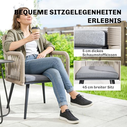 Outsunny Gartenstuhl 2er Set wetterfest Gartenstühle mit Armlehne Sitzkissen Metallrahmen Terrassenstuhl bis 120 kg belastbar Gartenmöbel für Hinterhof Garten Balkon Hellgrau – Bild 6