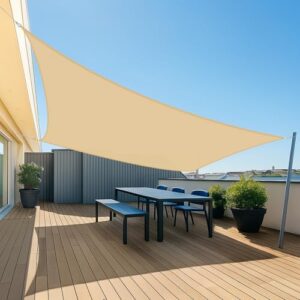 UMI Sonnensegel Wasserdicht 3,5x4,5m Rechteckig Sonnenschutz Wetterschutz PES Polyester Segel Baldachin 95% UV Schutz mit Seilen für Garten Balkon Terrasse- Sand