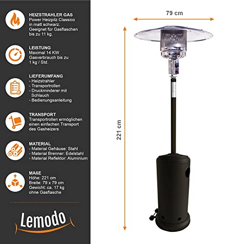 Lemodo Heizpilz 14 kW, Gasheizstrahler mit Piezo-Zündung, stufenlos regulierbar, mit Rädern und Umkippsicherung, für Terrasse, Garten, Sitzgruppen und Außenbereiche, geeignet für Gasflaschen bis 11 kg – Bild 3