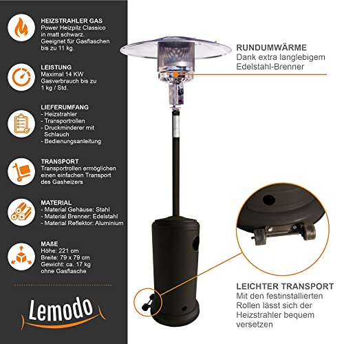 Lemodo Heizpilz 14 kW, Gasheizstrahler mit Piezo-Zündung, stufenlos regulierbar, mit Rädern und Umkippsicherung, für Terrasse, Garten, Sitzgruppen und Außenbereiche, geeignet für Gasflaschen bis 11 kg – Bild 4