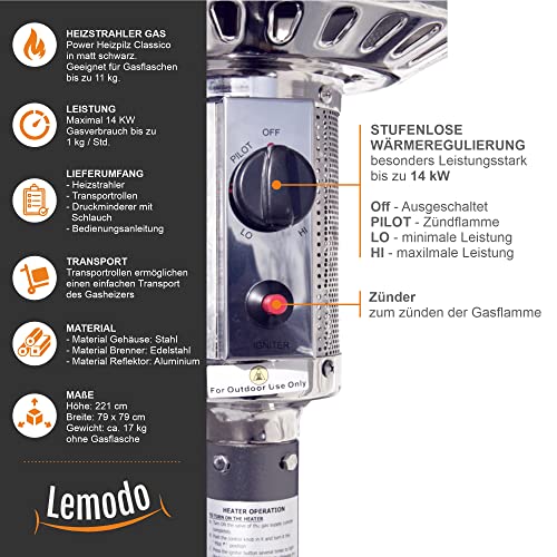 Lemodo Heizpilz 14 kW, Gasheizstrahler mit Piezo-Zündung, stufenlos regulierbar, mit Rädern und Umkippsicherung, für Terrasse, Garten, Sitzgruppen und Außenbereiche, geeignet für Gasflaschen bis 11 kg – Bild 5