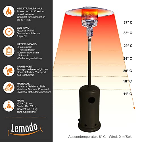 Lemodo Heizpilz 14 kW, Gasheizstrahler mit Piezo-Zündung, stufenlos regulierbar, mit Rädern und Umkippsicherung, für Terrasse, Garten, Sitzgruppen und Außenbereiche, geeignet für Gasflaschen bis 11 kg – Bild 6