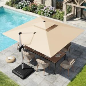 UDPATIO Sonnenschirm 300 x 300 cm Rechteckig mit Ständer, Ampelschirm Groß Aluminium, Marktschirm - Doppeldach, Gartenschirm 360° mit Kurbel, Balkonschirm, Sonnenschutz UV50 , Champagner Wasserdicht
