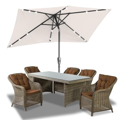 Jaxguom 140x210CM Sonnenschirm Rechteckig Solar LED Kurbel-Schirm Gartenschirm Terrassenschirm knickbar Sonnenschirme ohne Ständer Großschirm für Balkon,Terrasse,Garten,Beige