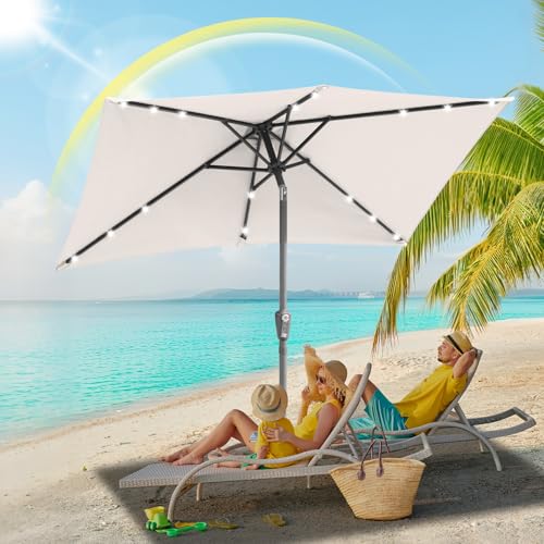 Jaxguom 140x210CM Sonnenschirm Rechteckig Solar LED Kurbel-Schirm Gartenschirm Terrassenschirm knickbar Sonnenschirme ohne Ständer Großschirm für Balkon,Terrasse,Garten,Beige – Bild 4