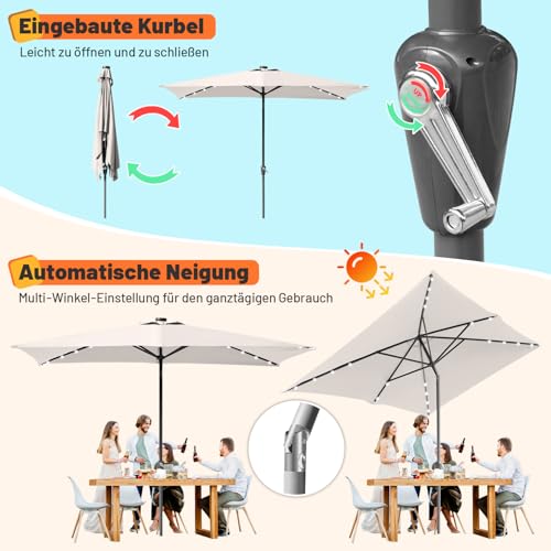 Jaxguom 140x210CM Sonnenschirm Rechteckig Solar LED Kurbel-Schirm Gartenschirm Terrassenschirm knickbar Sonnenschirme ohne Ständer Großschirm für Balkon,Terrasse,Garten,Beige – Bild 5