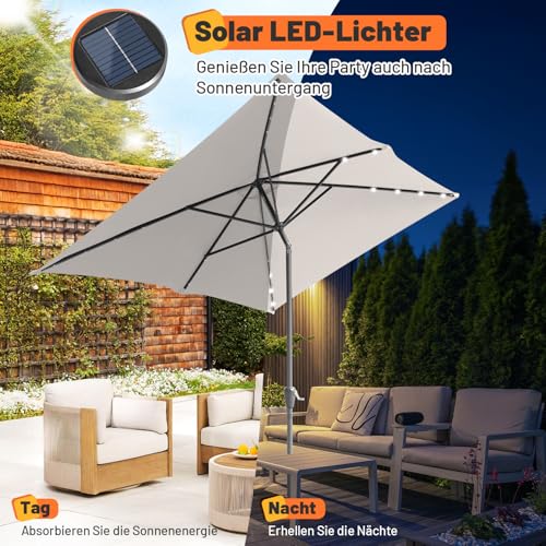 Jaxguom 140x210CM Sonnenschirm Rechteckig Solar LED Kurbel-Schirm Gartenschirm Terrassenschirm knickbar Sonnenschirme ohne Ständer Großschirm für Balkon,Terrasse,Garten,Beige – Bild 6