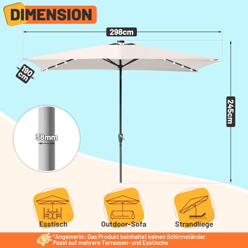 Jaxguom 140x210CM Sonnenschirm Rechteckig Solar LED Kurbel-Schirm Gartenschirm Terrassenschirm knickbar Sonnenschirme ohne Ständer Großschirm für Balkon,Terrasse,Garten,Beige – Bild 7