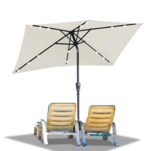 Ollewiellan Sonnenschirm LED Solar 210 x 140cm Beige mit Kurbel | Sonnenschirm Rechteckig Ampelschirm Gartenschirm Terrassenschirm Sonnenschutz UV50 Knickbar wasserdicht für Garten, ohne Ständer