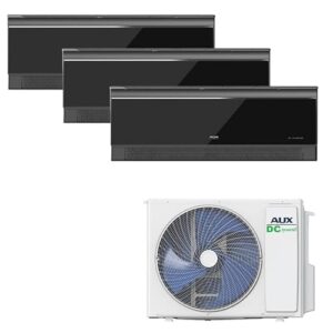 A AUX Klimaanlage Set 36000 BTU (10,5 kW) - Außengerät 3× 12000 BTU Wandgerät mit WLAN - R32 Kältemittel - Hochglanz Schwarz - leise Multi Split für 3 Räume - smart & anschlussfertig