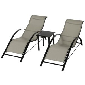 Outsunny Gartenliege Set Metall Mesh 3-TLG. Sonnenliege mit Teetisch Gartengarnitur mit 2 Sonnenliegen, 1 Beistelltisch Gartensitzgruppe für Garten, Balkon 59B x 169T x 66H cm Grau Schwarz